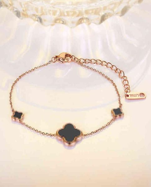 korean version of 18k rose gold fourleaf clover bracelet for girls black epoxy titanium steel jewelry3894864, Golden;silver